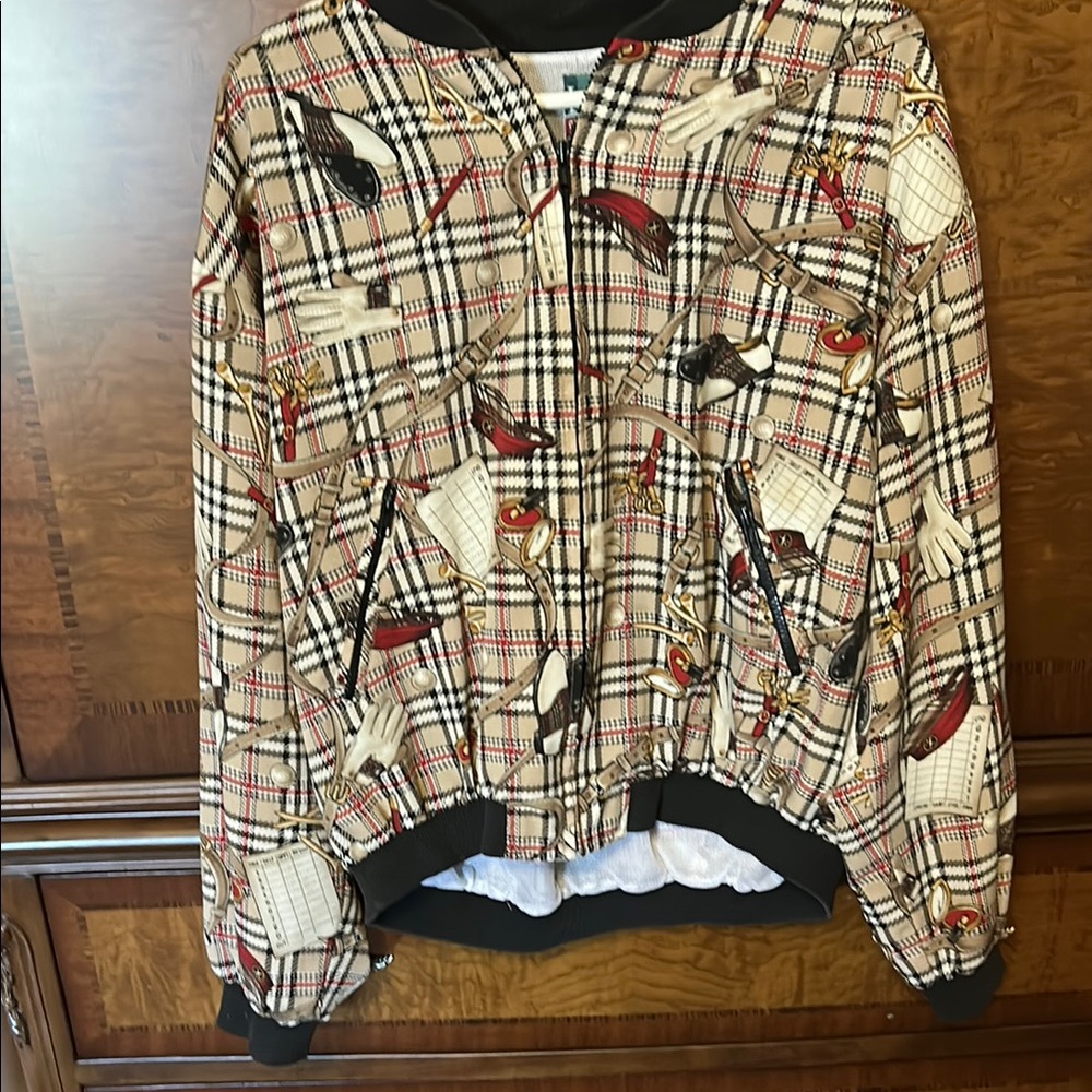 Plaid Patterned Jacket with Bird and Chain Design